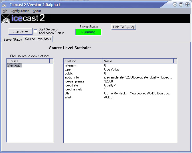 Screenshot of Icecast Windows GUI - Server Status Tab