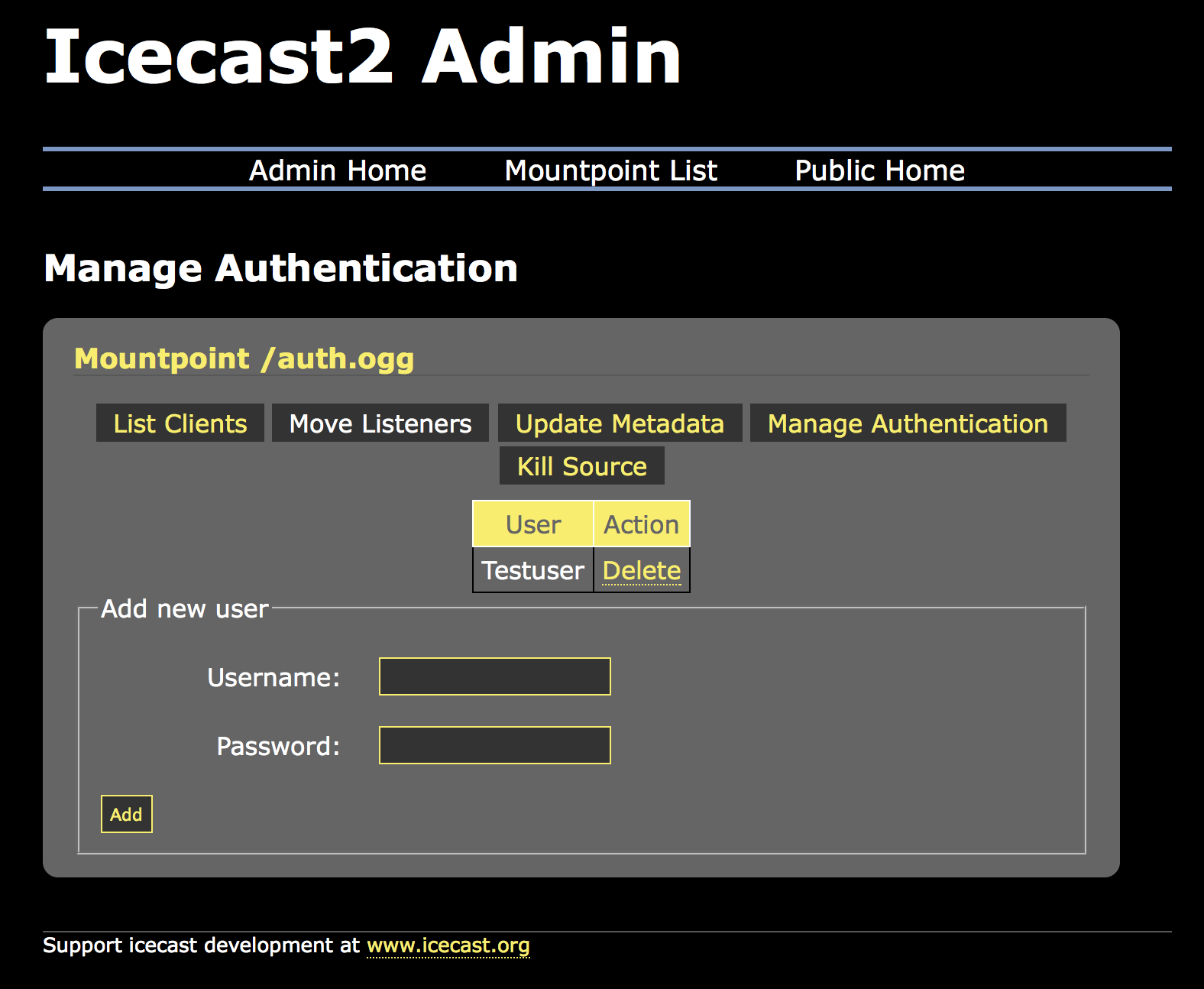 Screenshot of Manage Authentication
